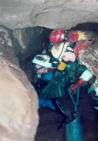 dam building at sump 4 5th July 1989. From left to right Richard Rolfe, ?, Adrian Paniwnyk. (Photo by Steve Wray)