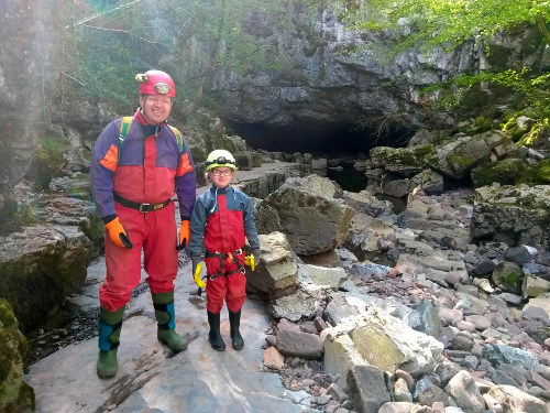 Cave explorer Jess Thorn with her dad James at Porth-y-Ogof